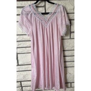 J. C Penney Vintage Made USA Pink Shiny Satin White Lace Trim Nightgown One Size